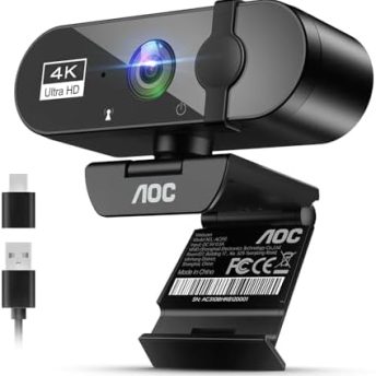 AOC 4k Webcam for PC with Microphone, Computer Camera with Noise Cancellation, Privacy Cover, 99° FOV, Plug & Play USB Webcam for Streaming, Conferencing, Zoom, Skype, Facetime, Laptop, PC, Skype