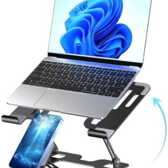 Ergonomic 2-in-1 Laptop Phone Stand for Desk, Adjustable Riser, Sturdy and Portable, Fits All Laptops and Phone (Black)